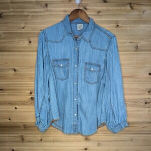 Sister Mary Womens Small Tencel Western Snap Button Down Shirt Light Wash Blue